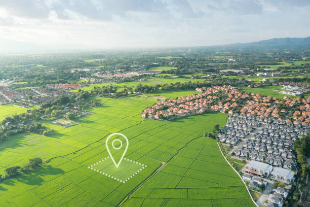 istock Land plot and identify registration symbol in aerial view. 1504214456