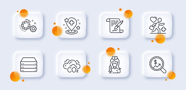 Co2, Patient and Currency audit line icons pack. 3d glass buttons with blurred circles. Vaccination, Agreement document, Hospital web icon. Gears, Servers pictogram. For web app, printing. Vector