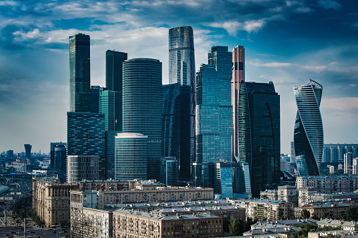 Moscow city modern business center. View from high building.