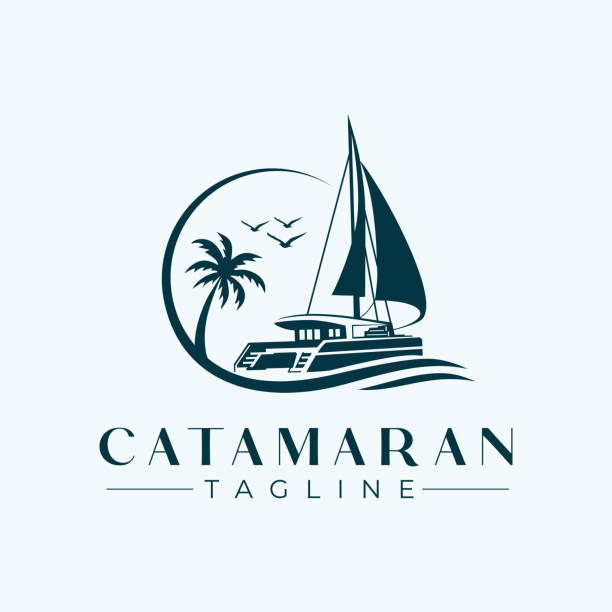 Catamaran Yacht Logo Design Template Catamaran Yacht Vector Logo Design Template Idea catamaran sailing boats stock illustrations