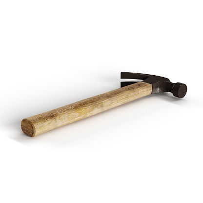 A 3d rendering of a hammer with a wooden handle in the center of a white backdrop.