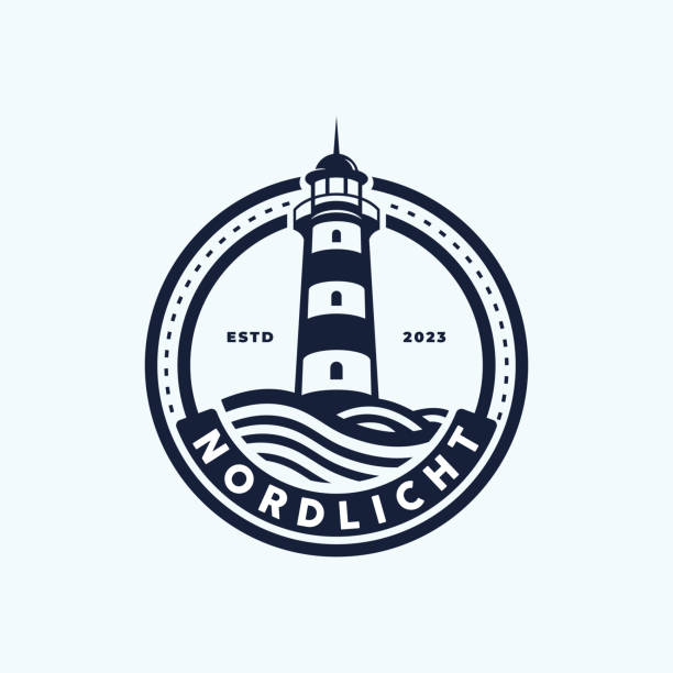 stockillustraties, clipart, cartoons en iconen met circle stamp lighthouse vector icon design template idea - vuurtoren