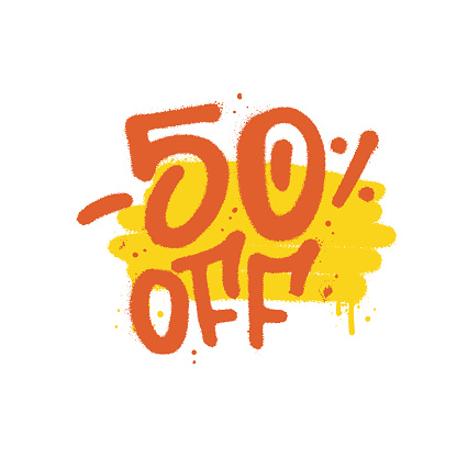 Sprayed -50 percent off urban graffiti with overspray over abstract color shape. Vector textured illustration