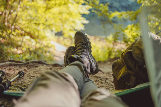 POV View of a Tourist Traveller Resting in a Tent