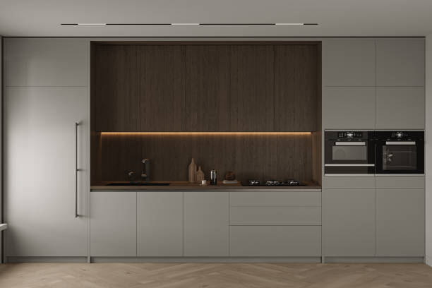 istock Modern minimalist style apartment kitchen interior design. Front view. Decoration wooden cabinet and counter top. 3d rendering. High quality 3d illustration 1504236117
