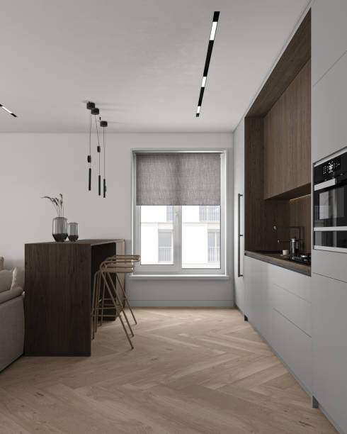 istock Modern minimalist style apartment kitchen interior design. Ceiling with lighting. Decoration wooden cabinet and counter top. 3d rendering. High quality 3d illustration 1504236655