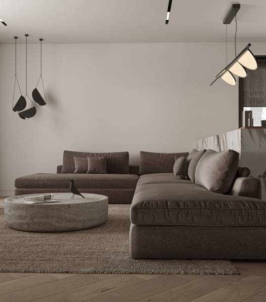istock Simple classic minimalism white gray interior livingroom with stone table, lamp, ceiling lighting and armchair. Mock up empty wall. 3d rendering. High quality 3d illustration 1504237301