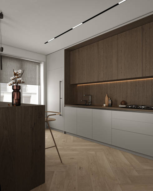 istock Japandi modern minimalist style apartment kitchen interior design. Ceiling with lighting. Decoration wooden cabinet and counter top. 3d rendering. High quality 3d illustration 1504237944