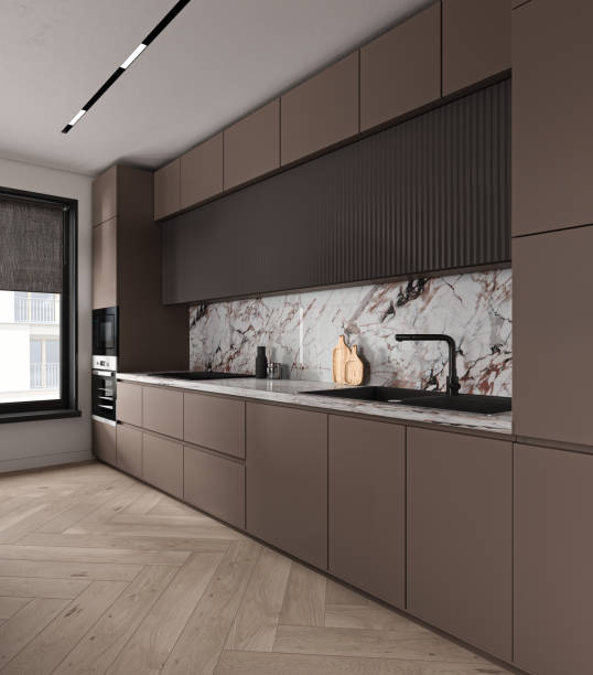 istock Modern minimalist style apartment kitchen interior design. Ceiling with lighting. Decoration brown cabinet and marble counter top. 3d rendering. High quality 3d illustration 1504239101