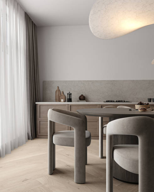 istock Modern simple scandinavian style kitchen interior design. Decoration with gray pastel counter, wooden cabinet and stone counter top. 3d rendering. High quality 3d illustration 1504239104