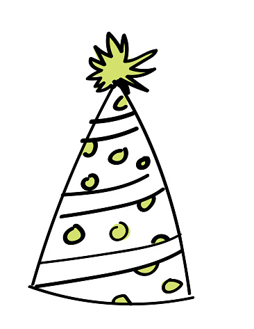 Doodled Party Hat On A Transparent background. Note: there is no white fill on the shapes, just the black line and small spots of color.