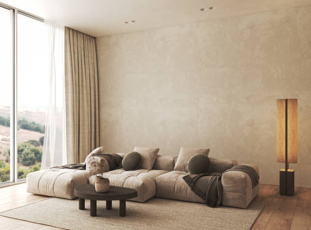 istock Modern minimalist interior with warm lamp, sofa, dark pillows and coffee table. Large windows with curtains. Mock up empty wall. 3d rendering. High quality 3d illustration 1504240793