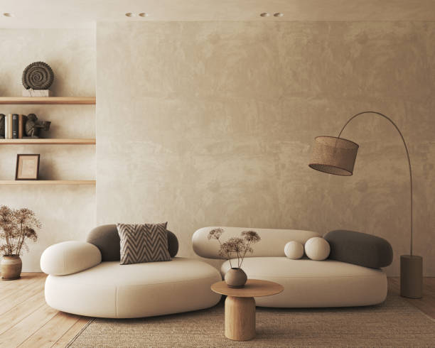 istock Contemporary classic white beige interior with shelves, dry plants and large lamp. Empty wall mockup. 3d rendering. High quality 3d illustration 1504241303