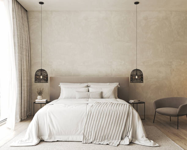 istock Bedroom interior mockup in boho style with fringed blanket, pillows, white bedding, dried pampas grass, basket lamp and curtain. 3d rendering. High quality 3d illustration 1504241329