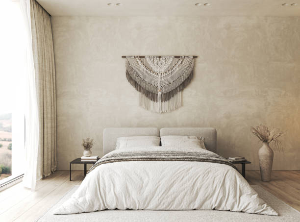 istock Bedroom interior mockup in boho style with fringed blanket, pillows, white bedding, dried pampas grass, basket lamp and curtain. 3d rendering. High quality 3d illustration 1504241336