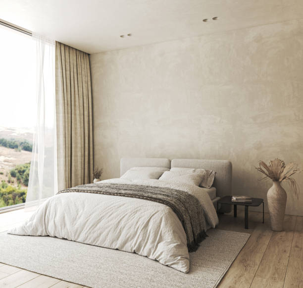 istock Bedroom interior mockup in boho style with fringed blanket, pillows, white bedding, dried pampas grass, basket lamp and curtain. 3d rendering. High quality 3d illustration 1504241342