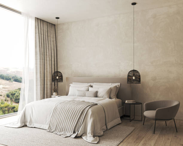 Bedroom interior mockup in boho style with fringed blanket, pillows, white bedding, dried pampas grass, basket lamp and curtain. 3d rendering. High quality 3d illustration