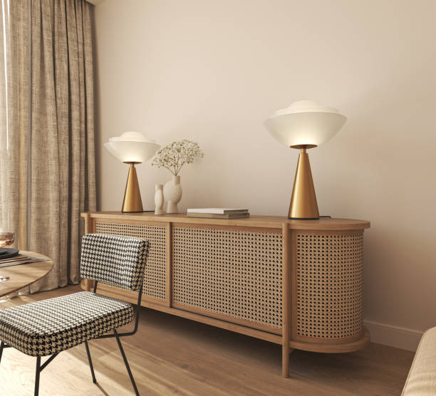 istock Commode with book, vase and lamp in livingroom interior. Light beige wall mock up background. 3d rendering. High quality 3d illustration 1504241896