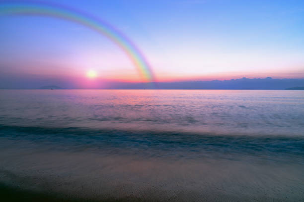 istock Sky sunset and ocean beach with rainbow 1504242488
