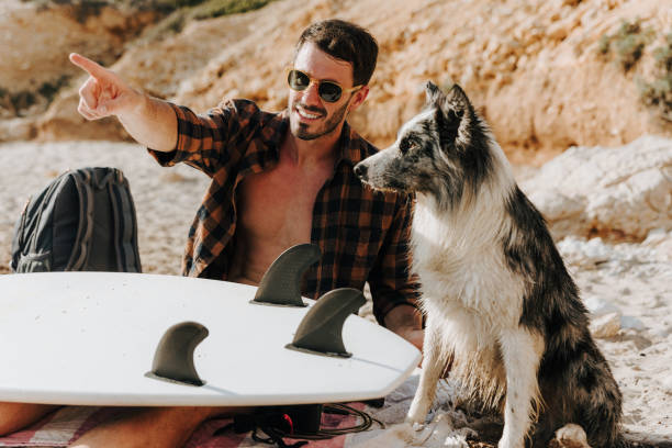 istock Handsome surfer with his dog on sandy beach 1504257044