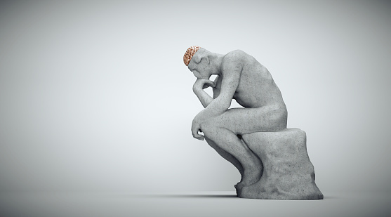 Thoughtful man sitting down. Confusion and overthinking concept. This is a 3d render illustration