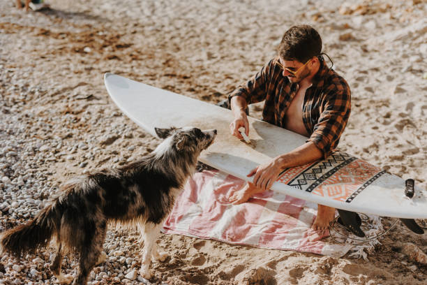 Young male surfer and his loyal dog enjoying the sun on a sandy beach and preparing their surfboard for a big waves. Perfect sunny day.