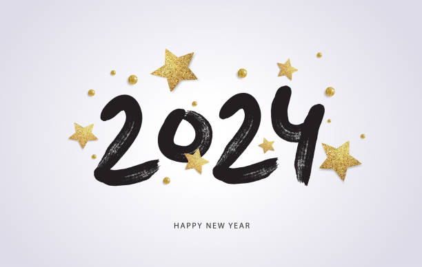 istock Happy New Year 2024. Vector holiday illustration with 2024 logo text design, sparkling confetti and shining golden stars on white background. 1504268531