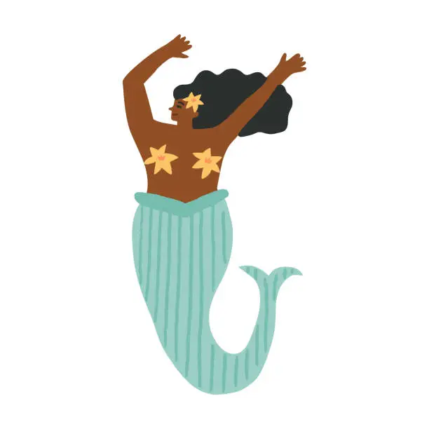 Vector illustration of A cute young African mermaid with sea lilies happily dancing with her hands up under her head, a teenage mermaid girl waving, enjoying life.