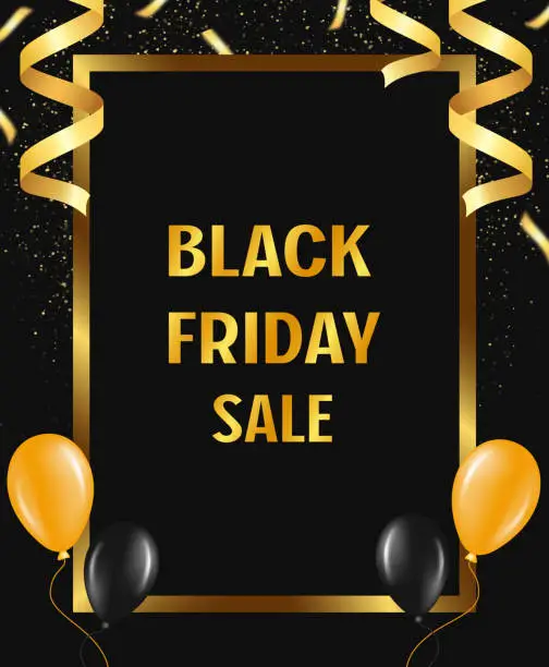Vector illustration of Festive abstract advertising dark vector illustration background black Friday sale with golden ribbons