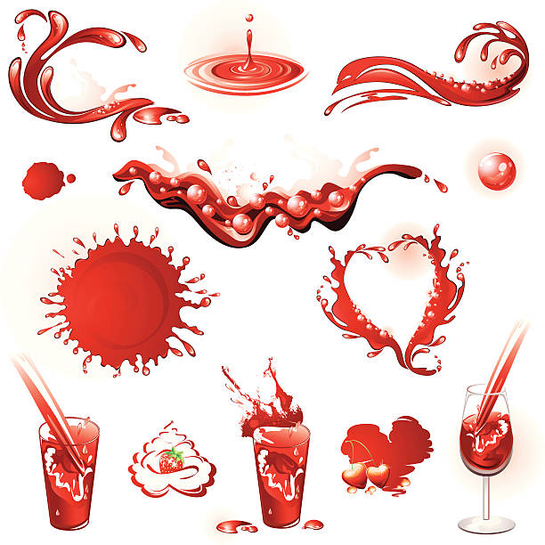 ilustraciones, imágenes clip art, dibujos animados e iconos de stock de colección de salpicaduras de color rojo. jugo y vine. - strawberry vine