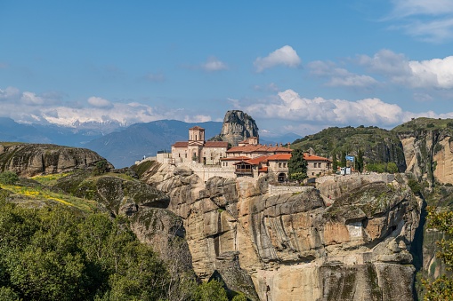 A magnificent view of the Great Meteoron Monastery, situated at the top of a hill