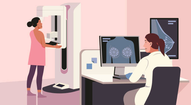 illustrazioni stock, clip art, cartoni animati e icone di tendenza di diagnosi precoce del cancro al seno mediante mammografia - mammogram