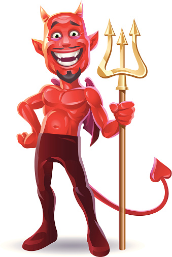 A laughing devil holding a trident isolated on white. EPS 8, fully editable grouped and labeled in layers. Only linear and radial gradients used.