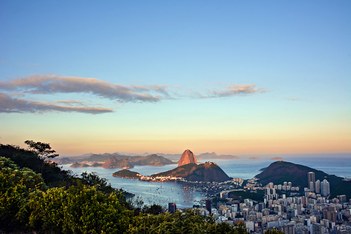 The Sugarloaf Mountain and Guanabara Bay seen from Mirante Dona Marta in Rio de Janeiro, Brazil.