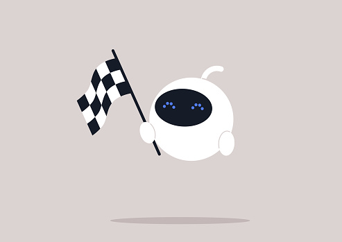 Cute white robot with a checkered black and white flag greeting a competition winner