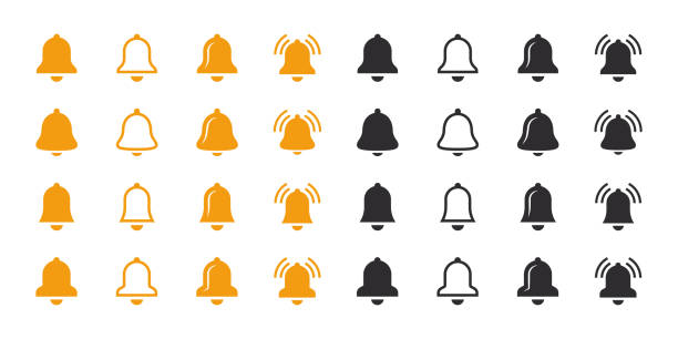 illustrations, cliparts, dessins animés et icônes de jeu d’icônes de notification. icônes de cloches jaunes et noires. graphiques vectoriels évolutifs - 3692