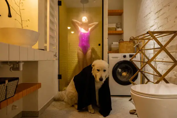 Cute dog covered with a towel in bathrrom with a woman taking shower on background. Daily routine and hygien, domestic lifestyle and pets concept