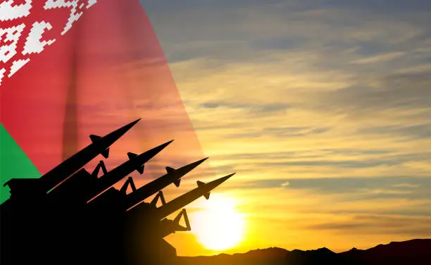 Vector illustration of Missiles with Belarus flag against the sunset