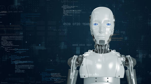istock Robot assistant with digital futuristic HUD on typewriter big data matrix simulation abstract background artificial intelligence technology and machine learning concepts 1504361054