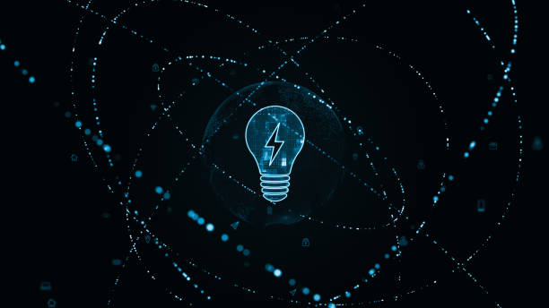 istock Blue digital lamp logo with particle ring circle rotation and earth sphere with ai technology icon on futuristic abstract background lightbulb and ideas concept 1504361067