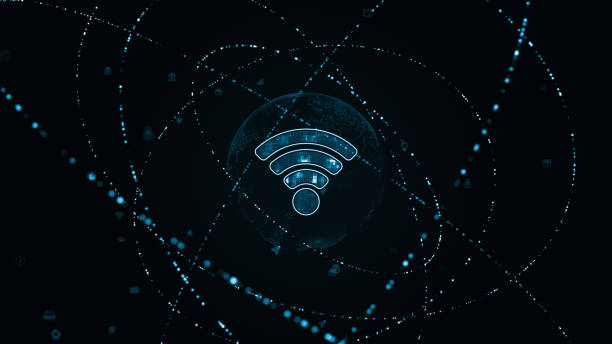 istock Blue WIFI logo with particle ring circle rotation and earth sphere with ai technology icon on futuristic abstract background data transfer and Wireless Fidelity connection concepts 1504361084