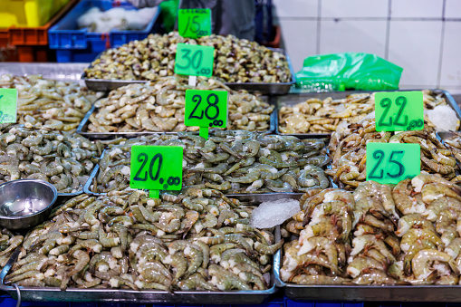 A lot of fresh Shrimps for sale  at seafood market