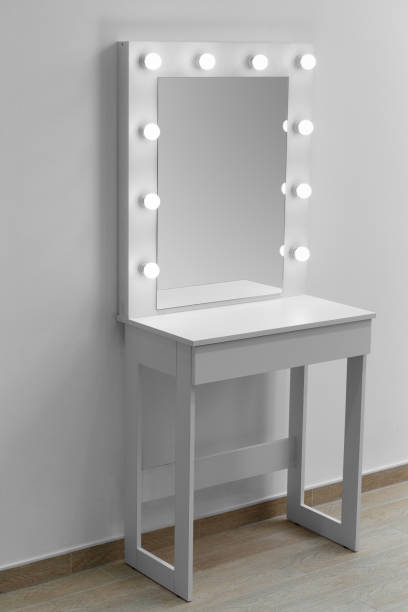 istock Modern white makeup dressing table with mirror and backlight on a white wall close-up. 1504370850