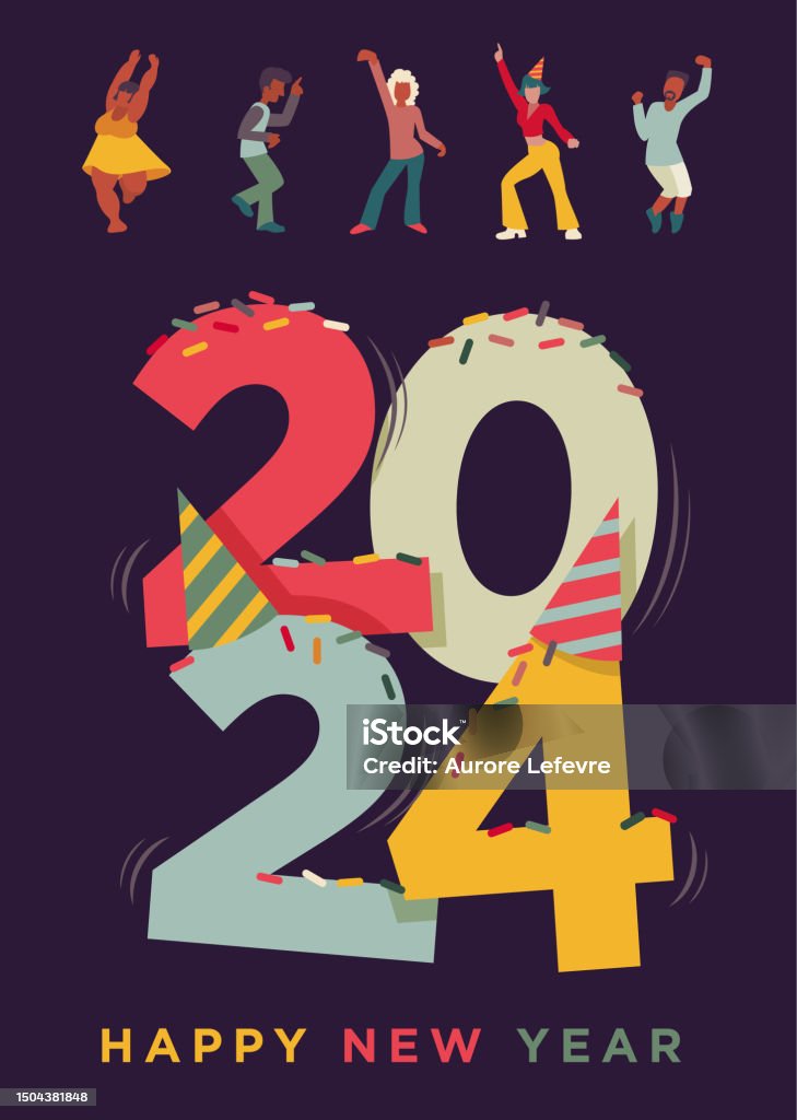 Happy New Year 2024 Disco Party Dancing People Stock Illustration ...