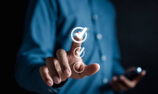 istock Digital Guarantee Checkmark, business checking quality assurance QA or QC management, certification Standardization, certification. Compliance to regulations service and standards 1504386778