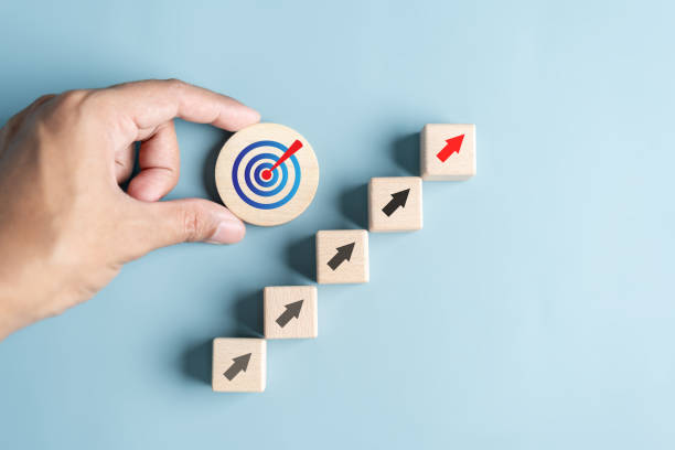 istock Business growth success achievement concept, hand arranging wooden block stacking as step stair or ladder for planning development leadership and customer target group concept. 1504389701