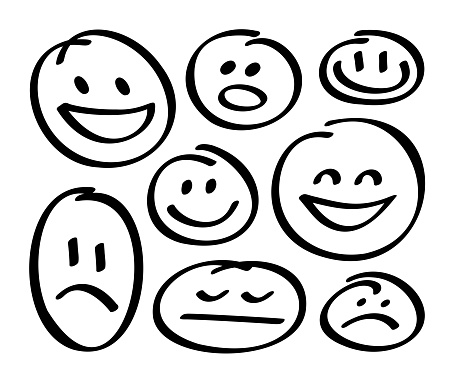 Hand drawn line smile sad happy face symbols.