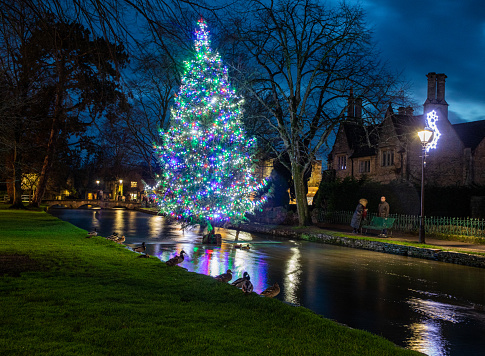 The Christmas tree in the river at Bourton-on-the-Water in The Cotswolds.