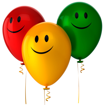 Happy balloons party birthday decoration. Joyful fun happiness positive emotion abstract. Smile with me icon concept.  Detailed 3d render. Isolated on white background.