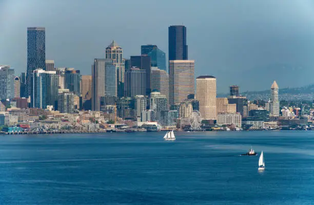 Photo of Seattle skyline view from  Elliott Bay, Puget Sound, Washington State, USA